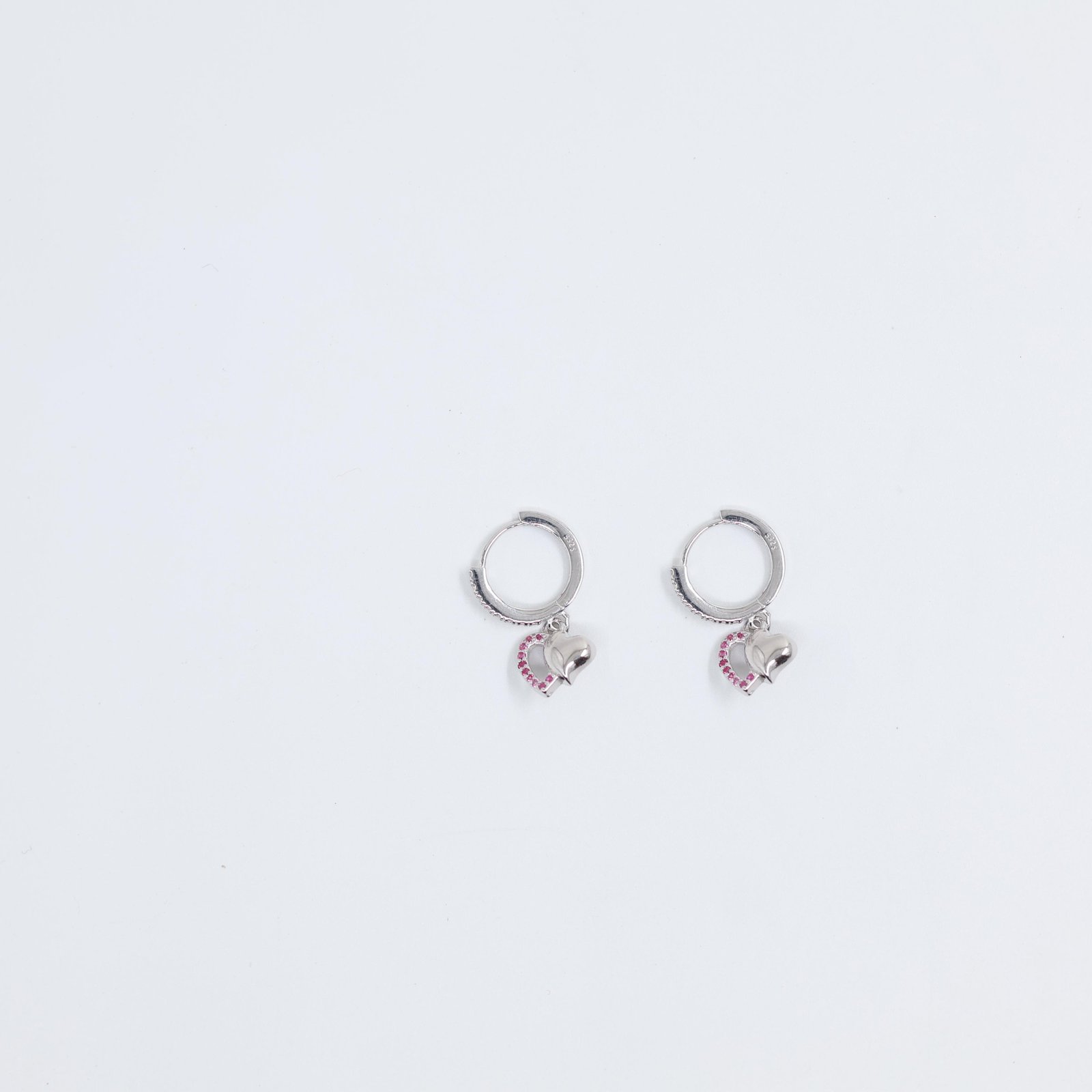 925 Sterling Silver Pink Crystal Double Heart Hoop Earrings