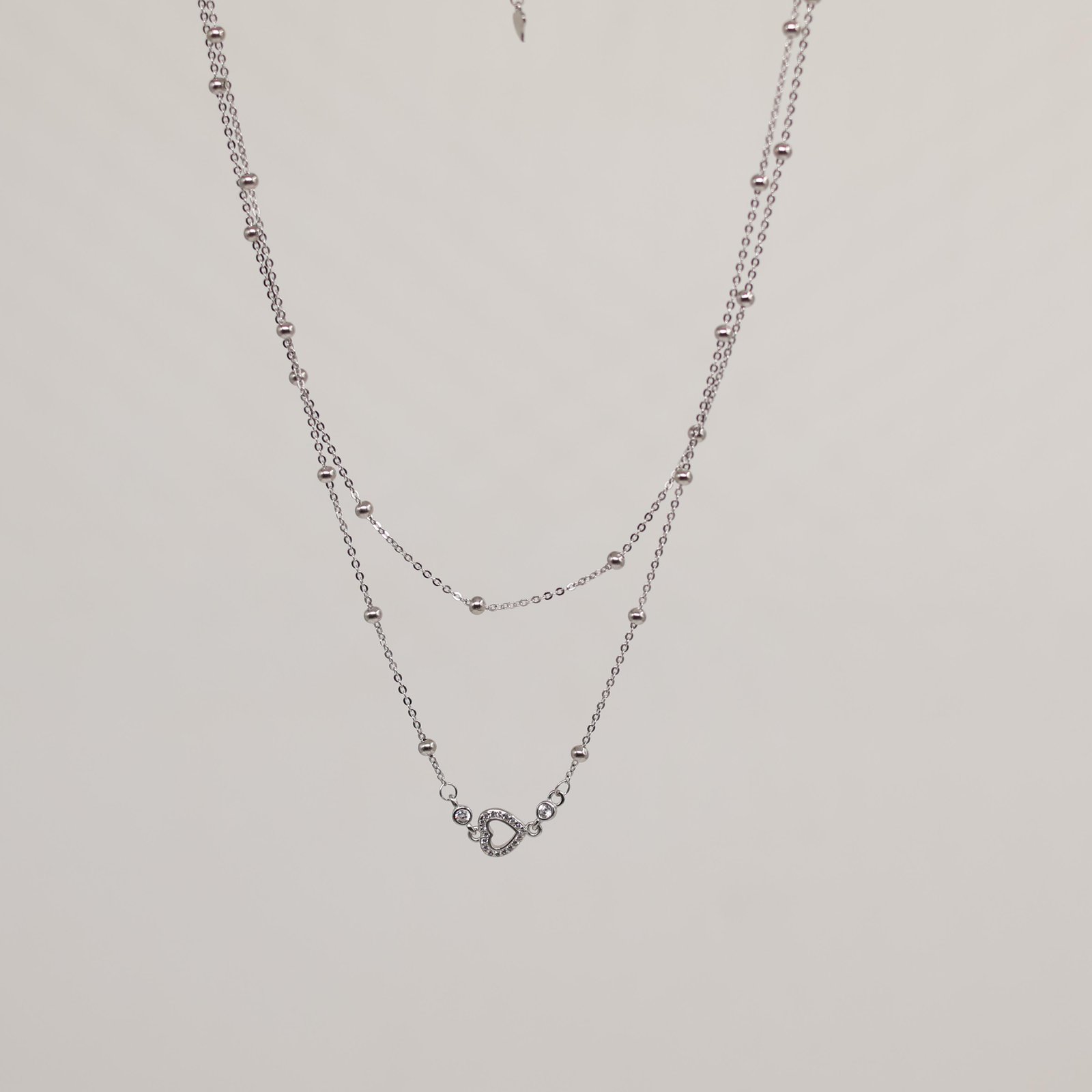 Silver Double Layer Station Necklace with Pave Heart Pendant