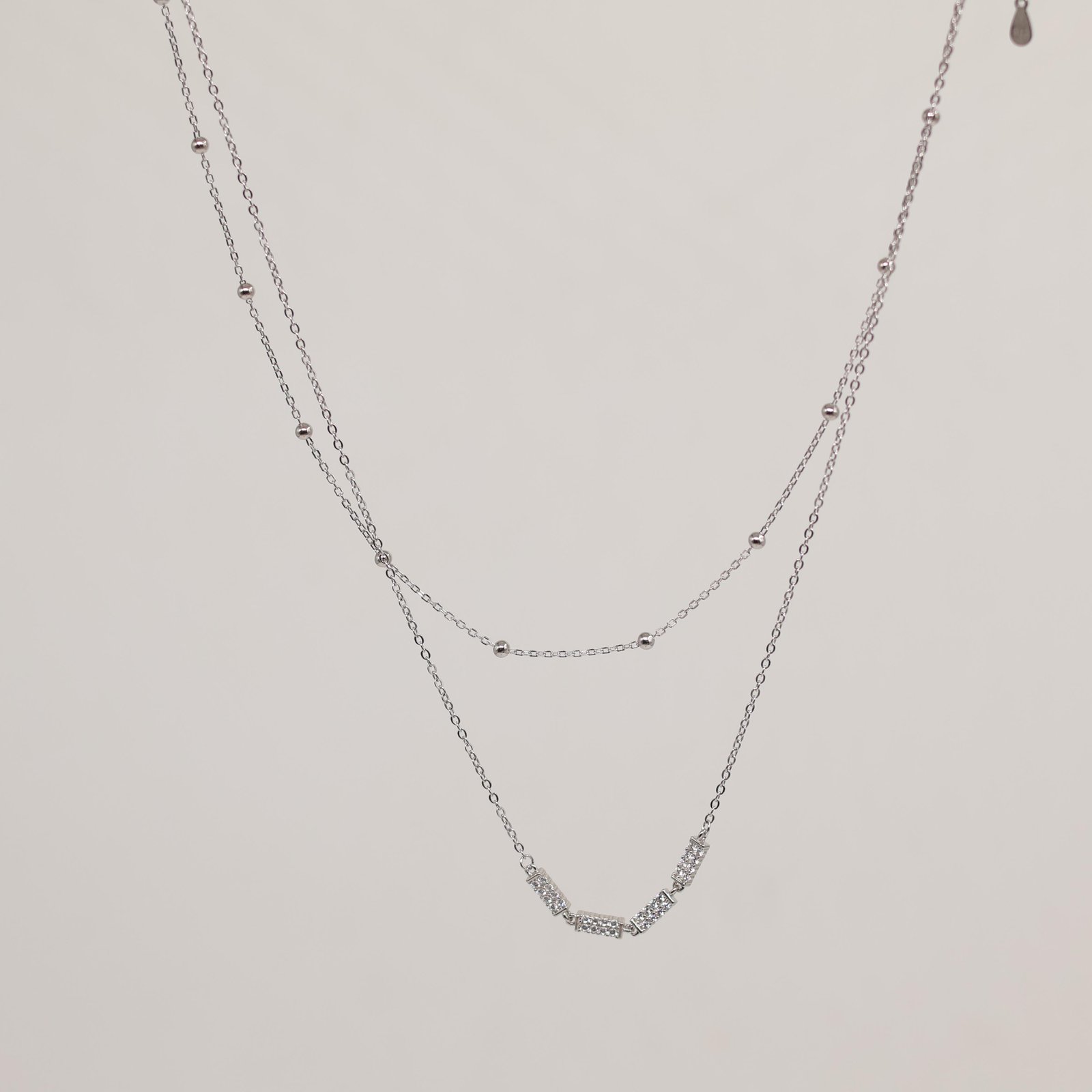 Silver Double Layer Station Necklace with Pave Bar Accents