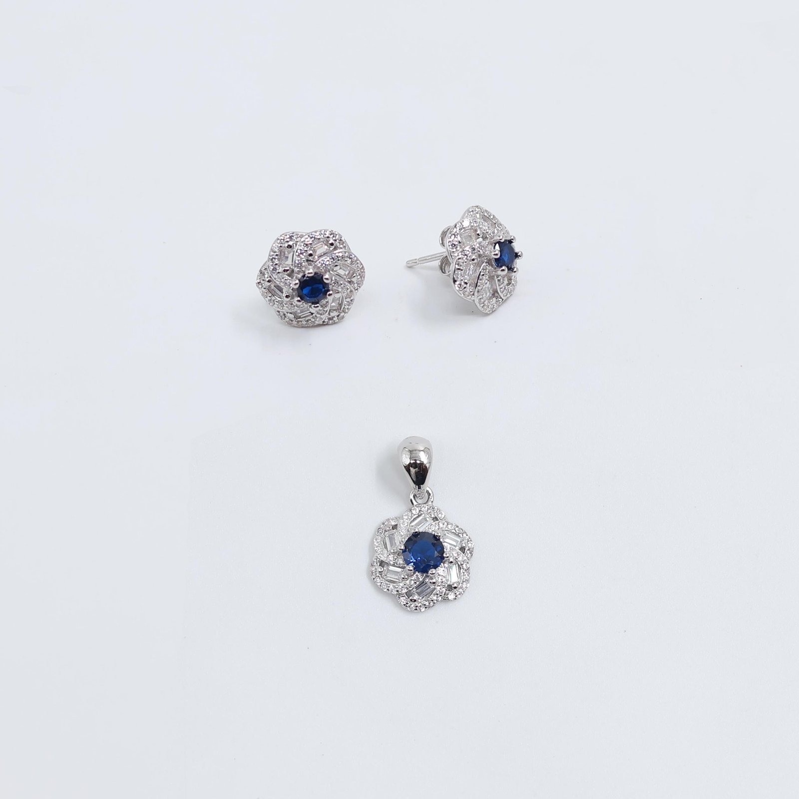 Silver Blue Floral Crystal Pendant & Stud Earrings Set
