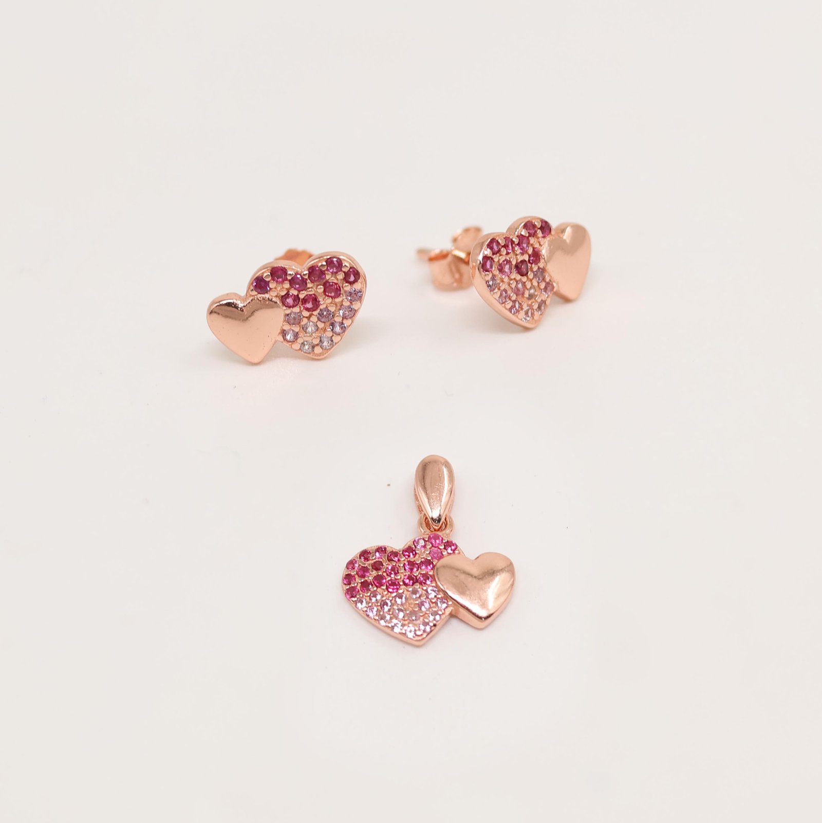 Rose Gold Dual Heart Pink Gradient Earring & Pendant Set