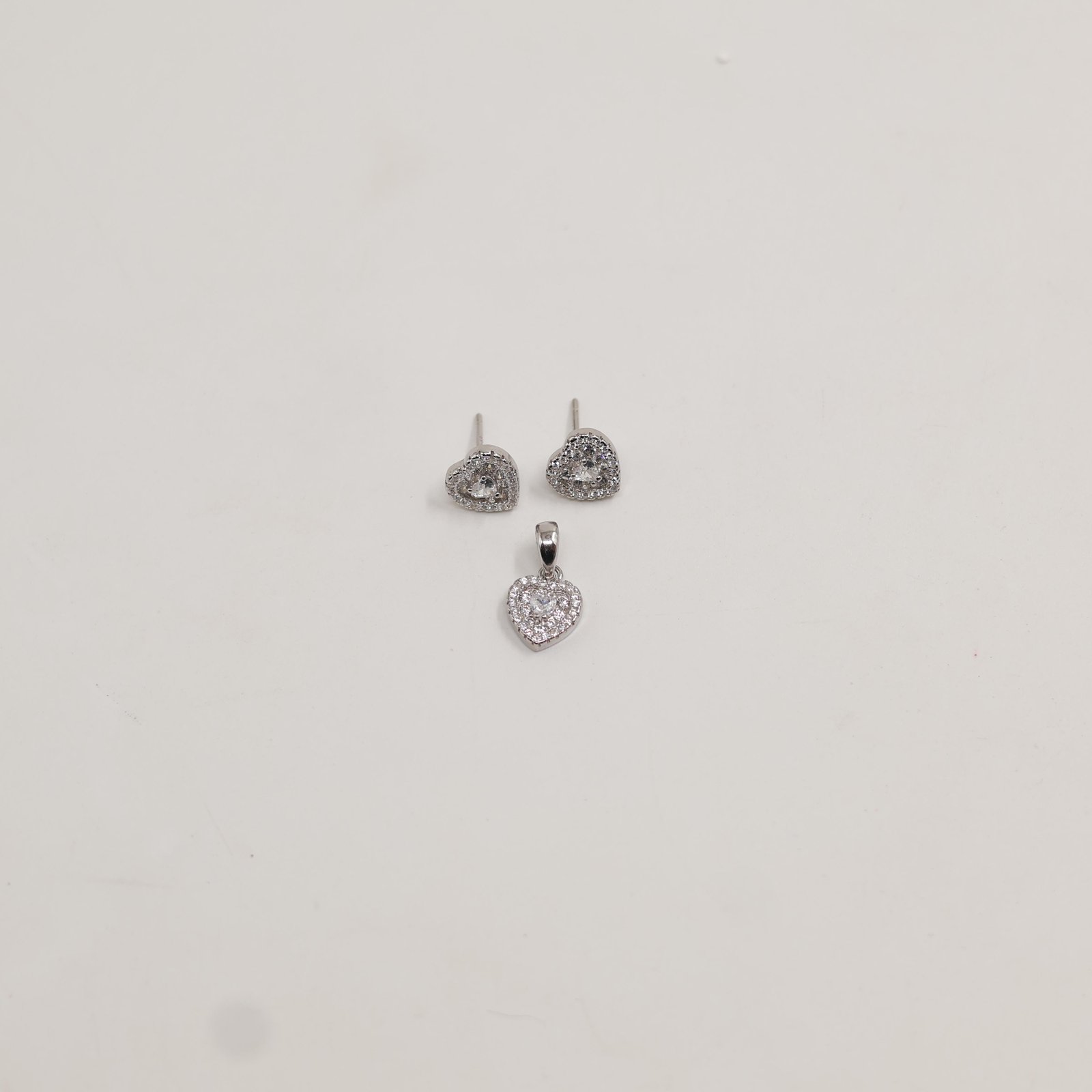 Silver Heart Halo Clear Stone Earring & Pendant Set