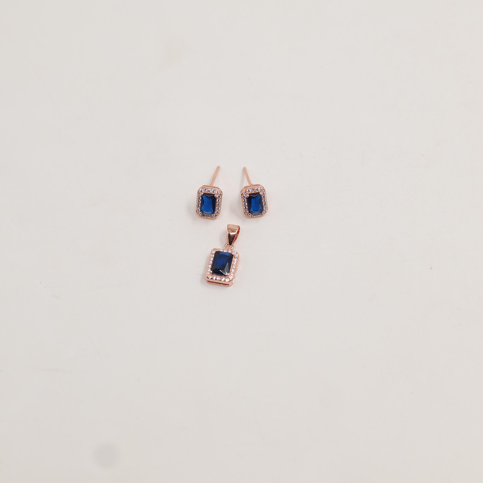 Rose Gold Emerald-Cut Blue Stone Halo Earring & Pendant Set