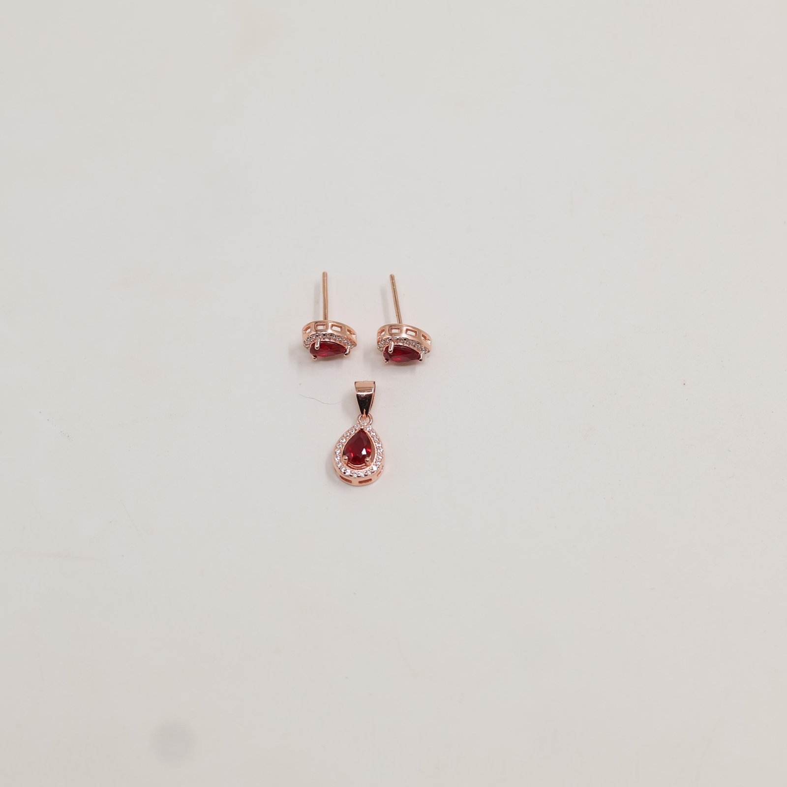 Rose Gold Pear Red Stone Halo Earring & Pendant Set