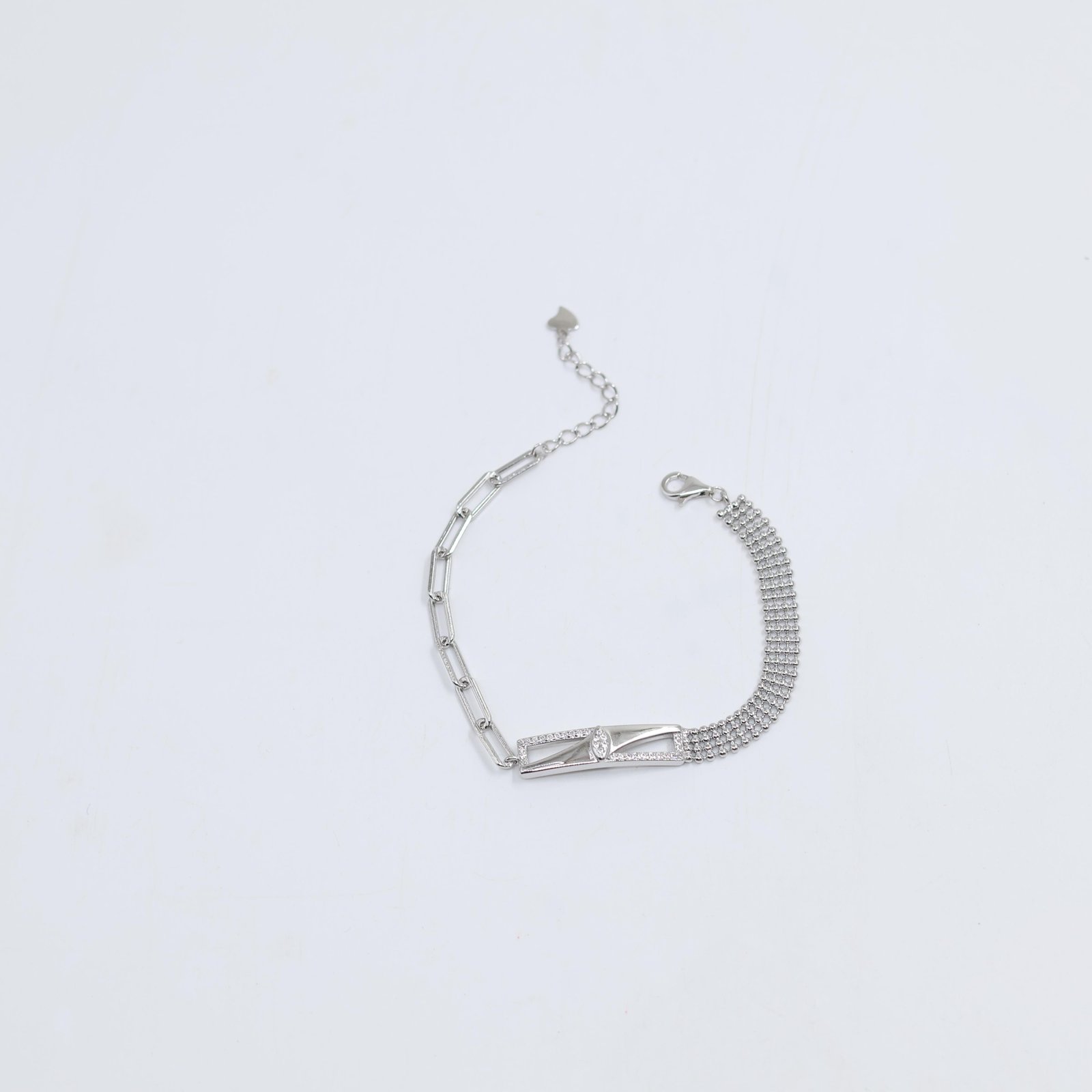 Silver Mixed-Link Geometric Marquise Stone Bracelet
