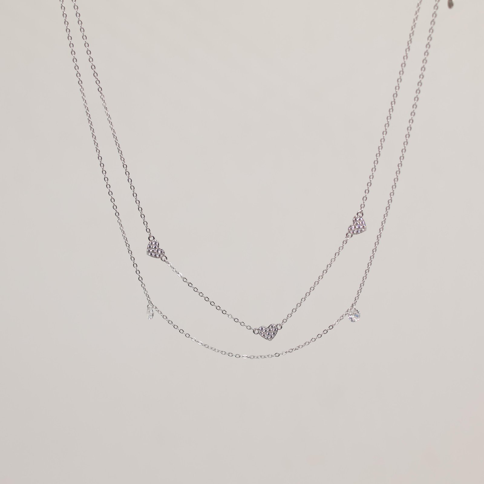 Silver Double Layer Pavé Heart Necklace